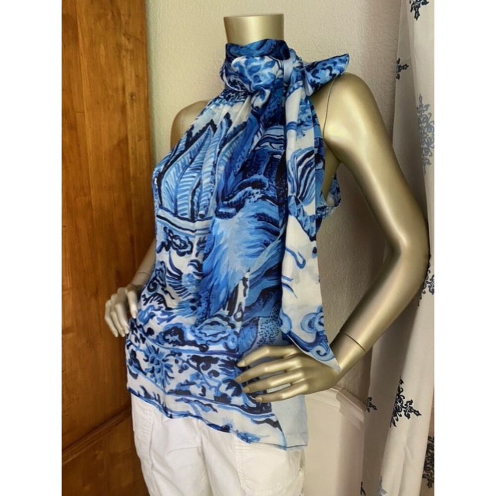 EUC Roberto Cavalli Blue White Ming Vase Silk Chiffon Scarf Top 44 / 10